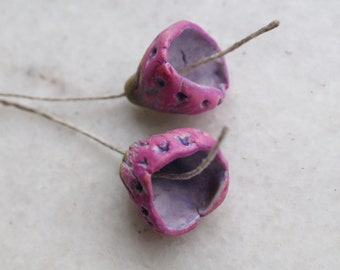 Pair of ceramic pods. Unique artisan porcelain beads, pods, flowers. Earthy porcelain beads. Nature inspired beads.