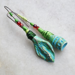 OOAK earrings Artisan pod flowers ceramic earrings Bohemian earrings Porcelain earrings Mixed media earrings