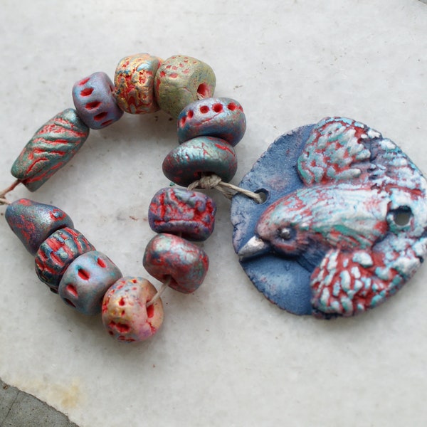 OOAK Set of 13 porcelain beads. Artisan ceramic beads, bird. Necklace beads.