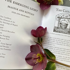 May include: An open book with the title "The Emerging Light Magick and Rituals Stir and Reawaken" and a section titled "The Cauldron". The book is lying on a surface with a few purple and white flowers.