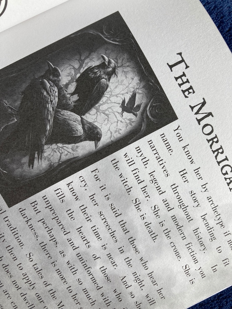 May include: A black and white illustration of three ravens perched on branches. The text "The Morrigal" is in the upper right corner of the image. The text below reads "You know her by archetype if not by name. Her story bending to fit narratives throughout history. In myth, legend and modern fiction you will find her. She is the crone. She is the witch. She is death."