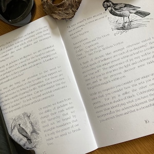 Puede incluir: Libro abierto con ilustraciones en blanco y negro de p&aacute;jaros. El texto en la p&aacute;gina dice "Un p&aacute;jaro no canta porque tiene una respuesta, canta porque tiene una canci&oacute;n." - Maya Angelou. El libro est&aacute; abierto en la p&aacute;gina 15.