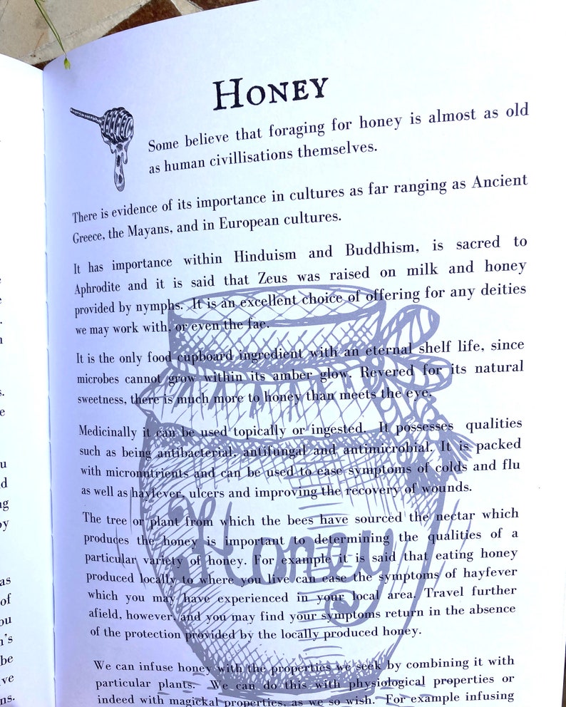 May include: A page from a book about honey, with an illustration of a honey pot and a bee. The text discusses the history and medicinal properties of honey, mentioning its use in ancient cultures and its antibacterial and antifungal qualities.