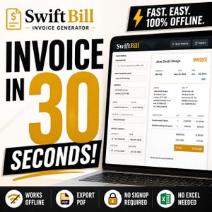 Puede incluir: Una pantalla de portátil muestra una plantilla de factura de Swift Bill. El texto en la pantalla incluye "Factura" y "Jane Smith Design". La imagen también presenta las palabras "¡Factura en 30 segundos!" e iconos para el trabajo sin conexión y la exportación PDF.