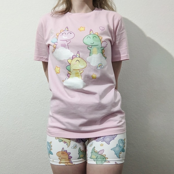 Unicorn Kawaii Dinos Age Regression Unicorn Dinosaurs Cotton Pink Organic Cotton Unisex Dinosaur Littlespace T-Shirt