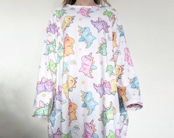 Kawaii Dinosaur Unicorn Oversized Age Regression Dress Long Sleeve Littlespace Rainbow Agere Unicorn Dino Dress With Pockets