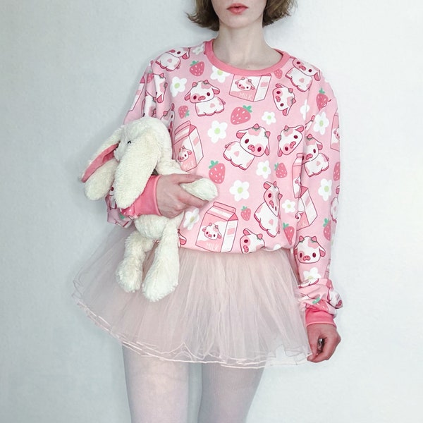 Kawaii Erdbeermilch Littlespace Baumwolle Sweatshirt Floral Rosa Erdbeere Kuh Altersregression Sweatshirt