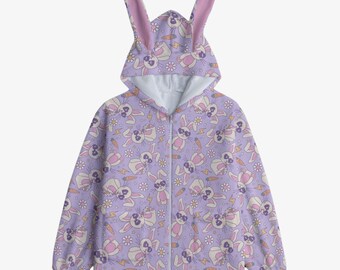 Floral Bunny Plushie Age Regression Pajama Fleece Bunny Ear Hoodie Flower Kidcore Rabbit Ear Plush Hoodie with Pockets