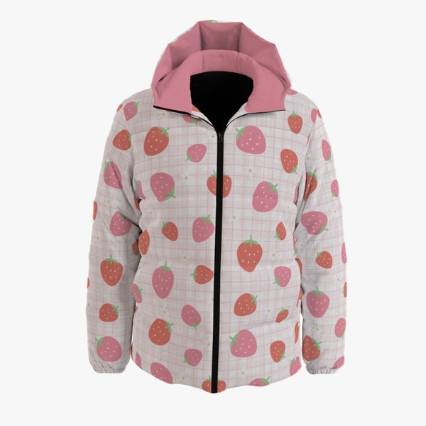 Manteau en duvet rembourré à motif vichy fraise, régression de l'âge, Littlespace Kawaii, doudoune rembourrée aux fraises