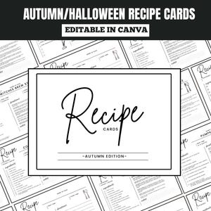 Tarjetas con recetas acogedoras para el otoño, recetas imprimibles con temática de Halloween para tu fiesta espeluznante, plantillas editables