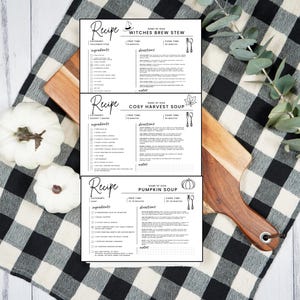 Tarjetas de recetas imprimibles inspiradas en Halloween, recetas acogedoras con temática otoñal para las noches en casa o para tu fiesta espeluznante, plantillas editables