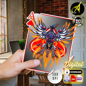Clipart aas mecha Phoenix, speelkaartontwerp PNG SVG, Sci-Fi Card Art voor POD, digitale download voor T-shirts en posters
