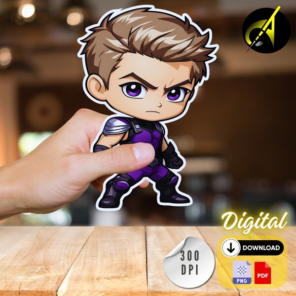 Chibi Hawkeye Digital Sticker Clipart - Avengers Inspired Illustration - Instant Download - Cute Marvel Hero Art - DIY Crafting Supplies