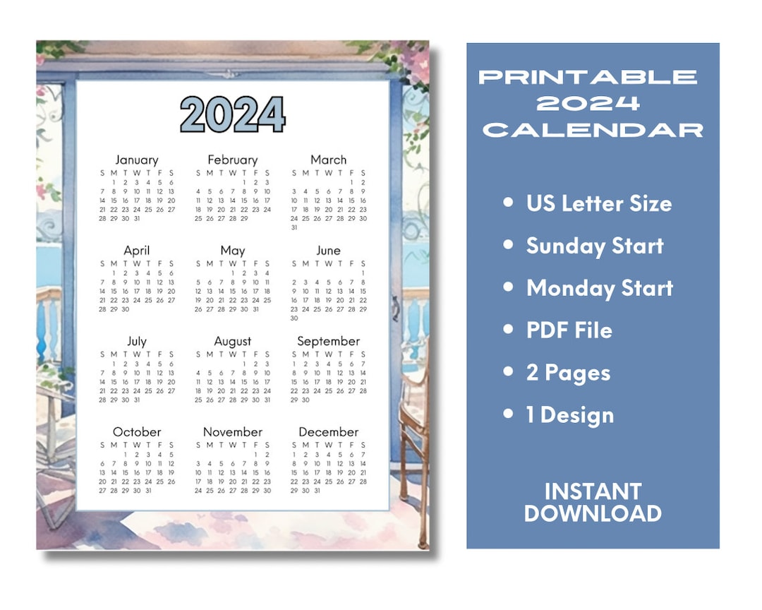 Dated Printable Calendar 2024 Template Downloadable Digital Yearly