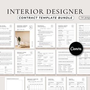May include: A set of 14 printable interior design contract templates in a minimalist style with a black and white color scheme. The templates include a pricing guide, project form, proposal, client details, project timeline, invoice, and quote.
