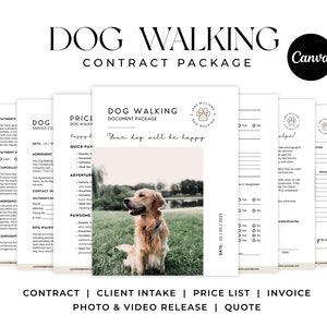 以下が含まれることがあります： 犬の散歩サービスのための白黒のドキュメントパッケージ。パッケージには、契約書、クライアント受付フォーム、価格表、請求書、写真とビデオのリリース、見積りが含まれています。ドキュメントパッケージには、かわいい肉球のイラストと「犬の散歩」というテキストが掲載されています。
