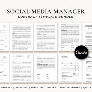 Social Media Manager Contract Template Forms, Social Media Management Agreement Template, Social Media non disclosure, Price list, CANVA