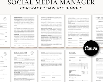 Social Media Manager Contract Template Forms, Social Media Management Agreement Template, Social Media non disclosure, Price list, CANVA