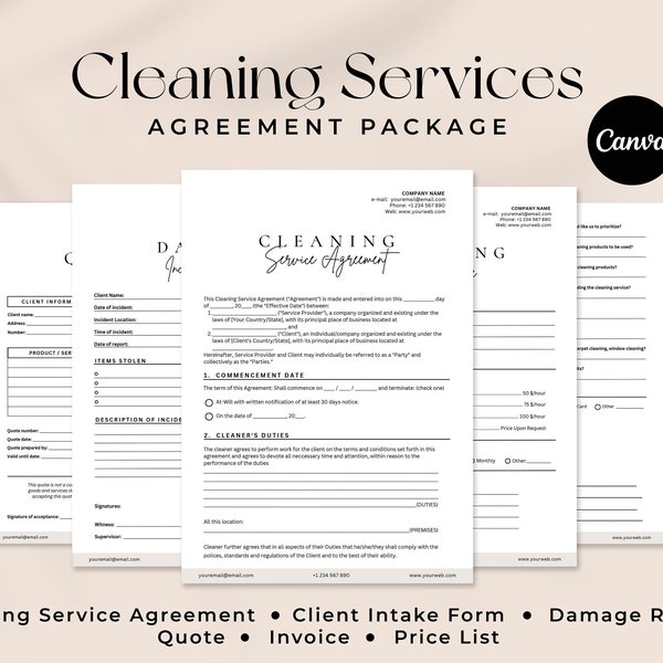 Cleaning services BUNDLE, 6 Editable Cleaning business forms, Agreement contract, Client intake form, Damage report, Residential price list