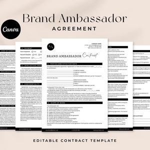 May include: A black and white contract template for a brand ambassador agreement. The document includes sections for parties and effective date, scope of work, confidentiality, and more. The text "Brand Ambassador Contract" is at the top of the page.