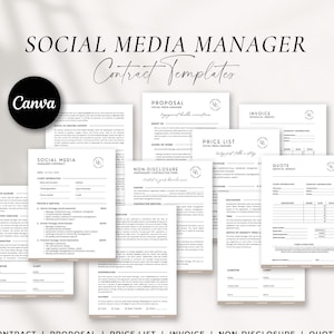 Freelance Social Media Manager Contract Template Form, Contract template, Client Agreement, Non Disclosure form, Price list, Proposal, CANVA