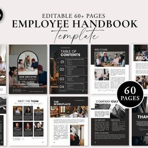 以下が含まれることがあります： 「Employee Handbook Template」と「Editable 60+ Pages」のテキストが入った、白黒の従業員ハンドブックテンプレート。ハンドブックには、「目次」、「ようこそ」、「チーム紹介」などのセクションが含まれています。