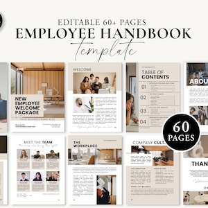 Peut inclure: Un modèle de manuel de l'employé avec une palette de couleurs beige et blanche. La couverture affiche le texte "Employee Handbook Template" et "Editable 60+ Pages". Des pages avec des titres tels que "Welcome" et "Meet the Team".