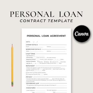 One Page Personal Loan Agreement, Editable Loan Contract Template Canva, Printable Promissory Note
