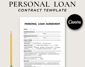 One Page Personal Loan Agreement, Editable Loan Contract Template Canva, Printable Promissory Note