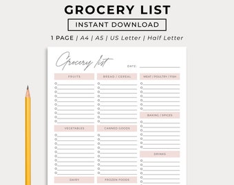 Printable Grocery List Template, Grocery Planner, Food Shopping List, Instant Download PDF, A4/A5/Letter/Half Size, Minimalistic Planner