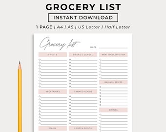 May include: A white grocery list printable with sections for fruits, bread, meat, vegetables, canned goods, dairy, frozen foods, baking, drinks, and other. The words "Grocery List" and "Instant Download" are at the top. A yellow pencil is on the left.