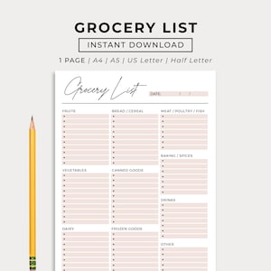 Grocery List Printable Template, Grocery Planner, Food Shopping List, A4/A5/Letter/Half Size, Instant Download PDF