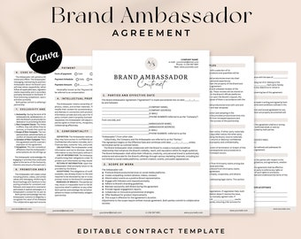 Editable Influencer Contract Template, Brand Ambassador Agreement Form, Social Media Influencer Service Agreement, Editable Canva Template