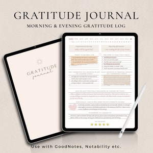 May include: A digital gratitude journal template displayed on a tablet screen. The template features sections for daily affirmations, gratitude, and personal growth. The journal is designed for use with note-taking apps such as GoodNotes and Notability.