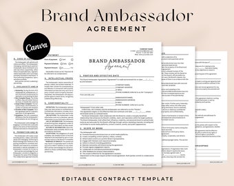 Brand Ambassador Agreement Form, Editable Influencer Contract Template, Social Media Influencer Service Agreement, Editable Canva Template