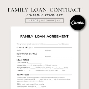 Puede incluir: Un documento blanco titulado "FAMILY LOAN CONTRACT" con el texto "EDITABLE TEMPLATE". El documento incluye secciones para los detalles del prestamista y del prestatario, los términos del préstamo y la información de pago. El logotipo de Canva está en la esquina superior derecha.