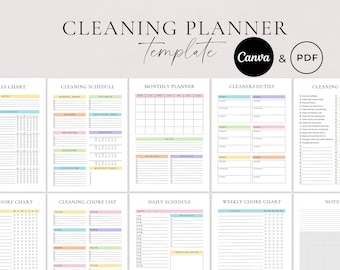 May include: A printable cleaning planner template with a colorful design. The template includes sections for chores, cleaning schedules, monthly planning, daily schedules, weekly chores, and notes. The template is designed for use with Canva and PDF.