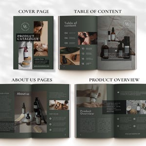 Puede incluir: Una maqueta de cat&aacute;logo de productos con un esquema de color verde y marr&oacute;n. La portada presenta un t&iacute;tulo de cat&aacute;logo de productos y un logotipo. Las p&aacute;ginas interiores muestran una tabla de contenido, una secci&oacute;n sobre nosotros y una descripci&oacute;n general del producto.