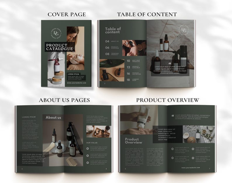Puede incluir: Una maqueta de cat&aacute;logo de productos con un esquema de color verde y marr&oacute;n. La portada presenta un t&iacute;tulo de cat&aacute;logo de productos y un logotipo. Las p&aacute;ginas interiores muestran una tabla de contenido, una secci&oacute;n sobre nosotros y una descripci&oacute;n general del producto.