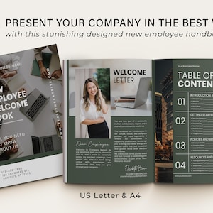 May include: A new employee welcome book with a white and green cover. The cover text reads "New Employee Welcome Book" and "All You Need to Know About Us." The book is open to show a welcome letter and table of contents.