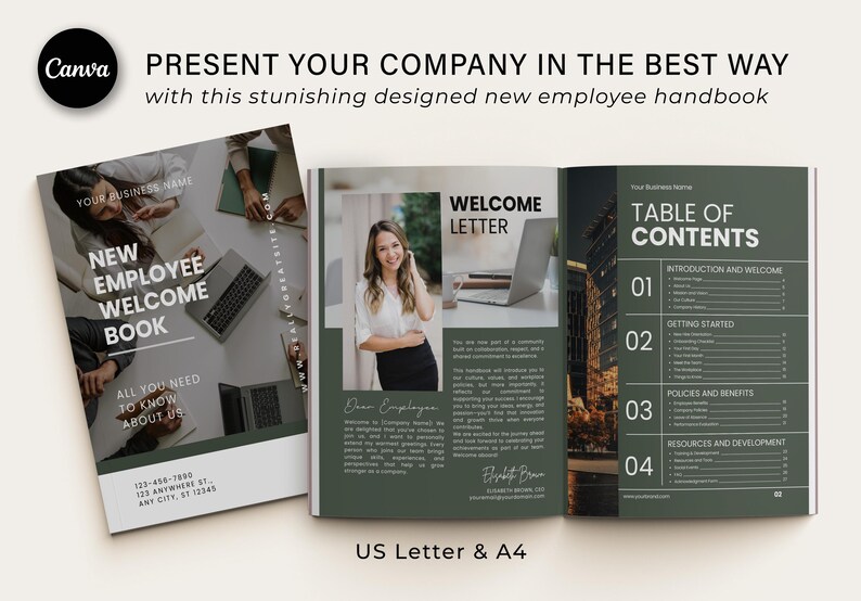 May include: A new employee welcome book with a white and green cover. The cover text reads "New Employee Welcome Book" and "All You Need to Know About Us." The book is open to show a welcome letter and table of contents.