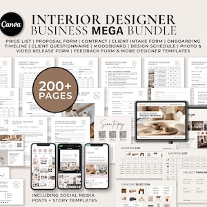 Puede incluir: Imagen de un paquete mega de plantillas para negocios de diseño de interiores, que incluye listas de precios, formularios de propuestas y formularios de admisión de clientes. La imagen presenta varios documentos, teléfonos móviles y una tableta que muestra propuestas de proyectos de diseño.
