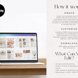 May include: A laptop displays a Canva template with the words "Quick Sweet Bread" on the screen. The image includes instructions on how to order, customize, and download the template. The Canva logo is in a black circle.