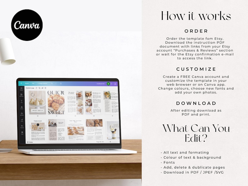 May include: A laptop displays a Canva template with the words "Quick Sweet Bread" on the screen. The image includes instructions on how to order, customize, and download the template. The Canva logo is in a black circle.