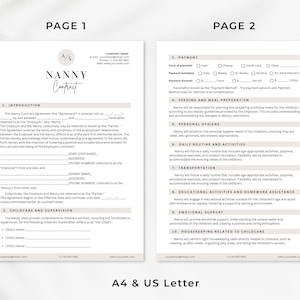 May include: A printable contract template for a nanny, with sections for introduction, childcare and supervision, payment, feeding and meal preparation, personal hygiene, daily routine and activities, transportation, educational activities and homework assistance, emotional support, and housekeeping related to childcare. The template is designed for use in the United Kingdom.