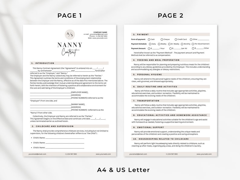 May include: A printable contract template for a nanny, with sections for introduction, childcare and supervision, payment, feeding and meal preparation, personal hygiene, daily routine and activities, transportation, educational activities and homework assistance, emotional support, and housekeeping related to childcare. The template is designed for use in the United Kingdom.