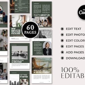May include: A dark green and white employee handbook template with the text "New Employee Welcome Package" and "60 Pages". The design includes editable text, photos, and colors, and is 100% editable.