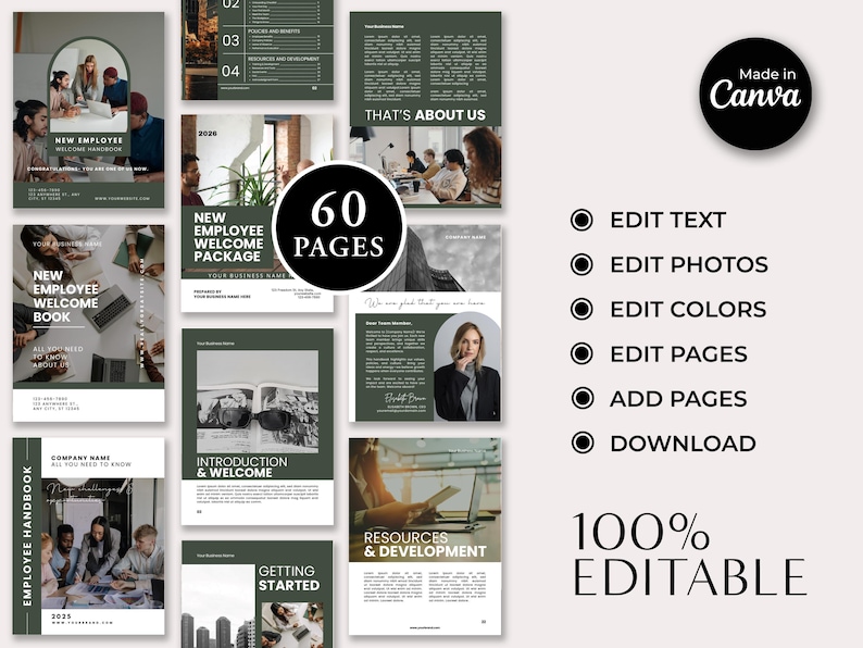 May include: A dark green and white employee handbook template with the text "New Employee Welcome Package" and "60 Pages". The design includes editable text, photos, and colors, and is 100% editable.