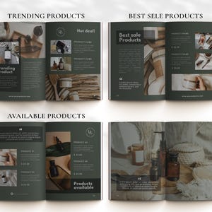 Puede incluir: Una revista abierta que muestra una variedad de productos de belleza y bienestar. La revista presenta secciones para productos de tendencia, productos m&aacute;s vendidos y productos disponibles. Los productos incluyen velas, aceites esenciales y art&iacute;culos para el cuidado de la piel.