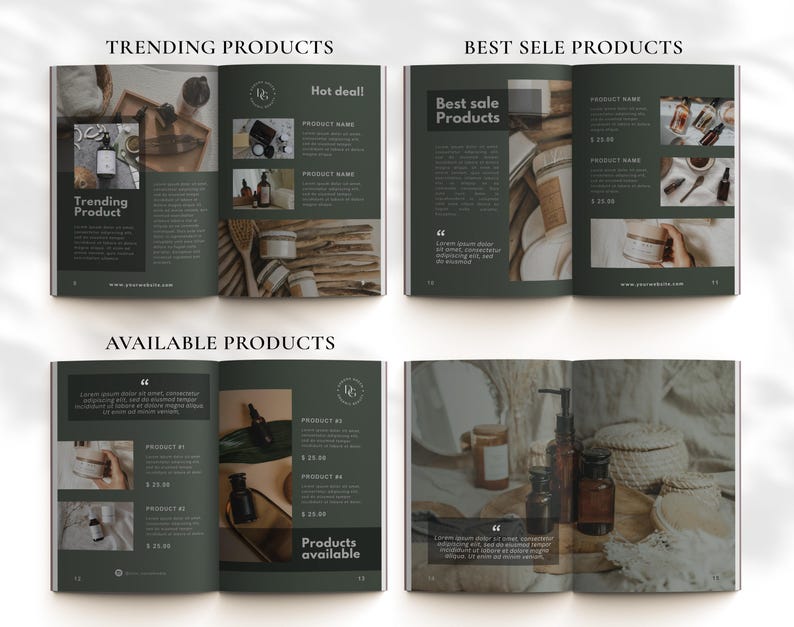 Puede incluir: Una revista abierta que muestra una variedad de productos de belleza y bienestar. La revista presenta secciones para productos de tendencia, productos m&aacute;s vendidos y productos disponibles. Los productos incluyen velas, aceites esenciales y art&iacute;culos para el cuidado de la piel.